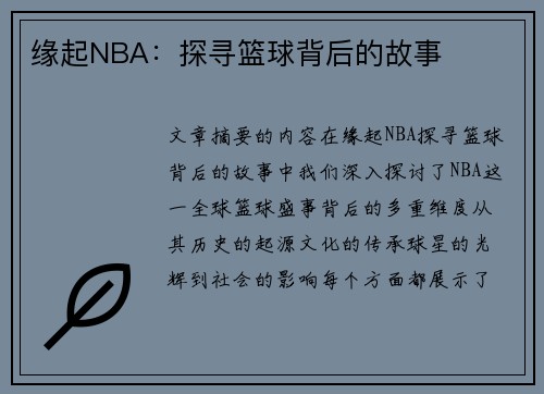 缘起NBA：探寻篮球背后的故事